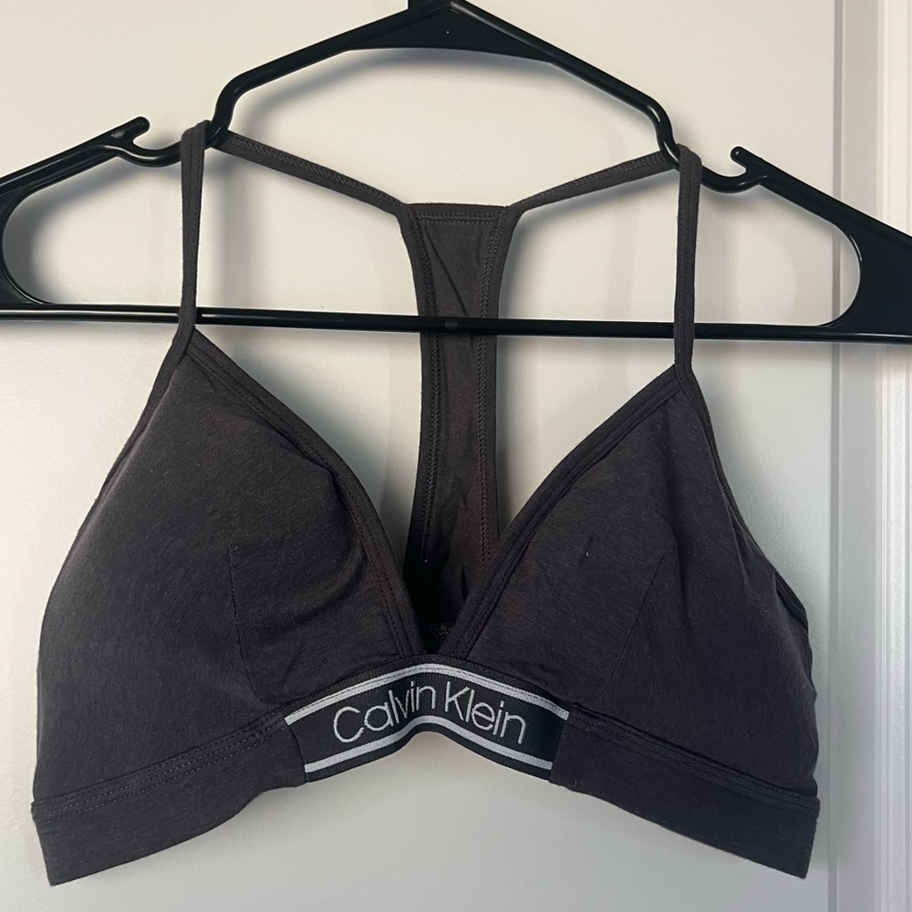 Heather gray Calvin Klein bralette with removable pads.